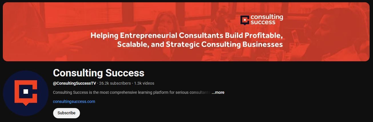 Consulting Success channel art with red banner and logo. 