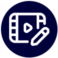 Video editing icon: filmstrip with play button and pencil, within a blue circle.