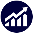White upward trend graph and arrow on a blue circle.