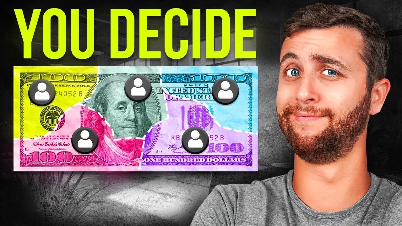 Man smiling with a colorful, divided $100 bill; 