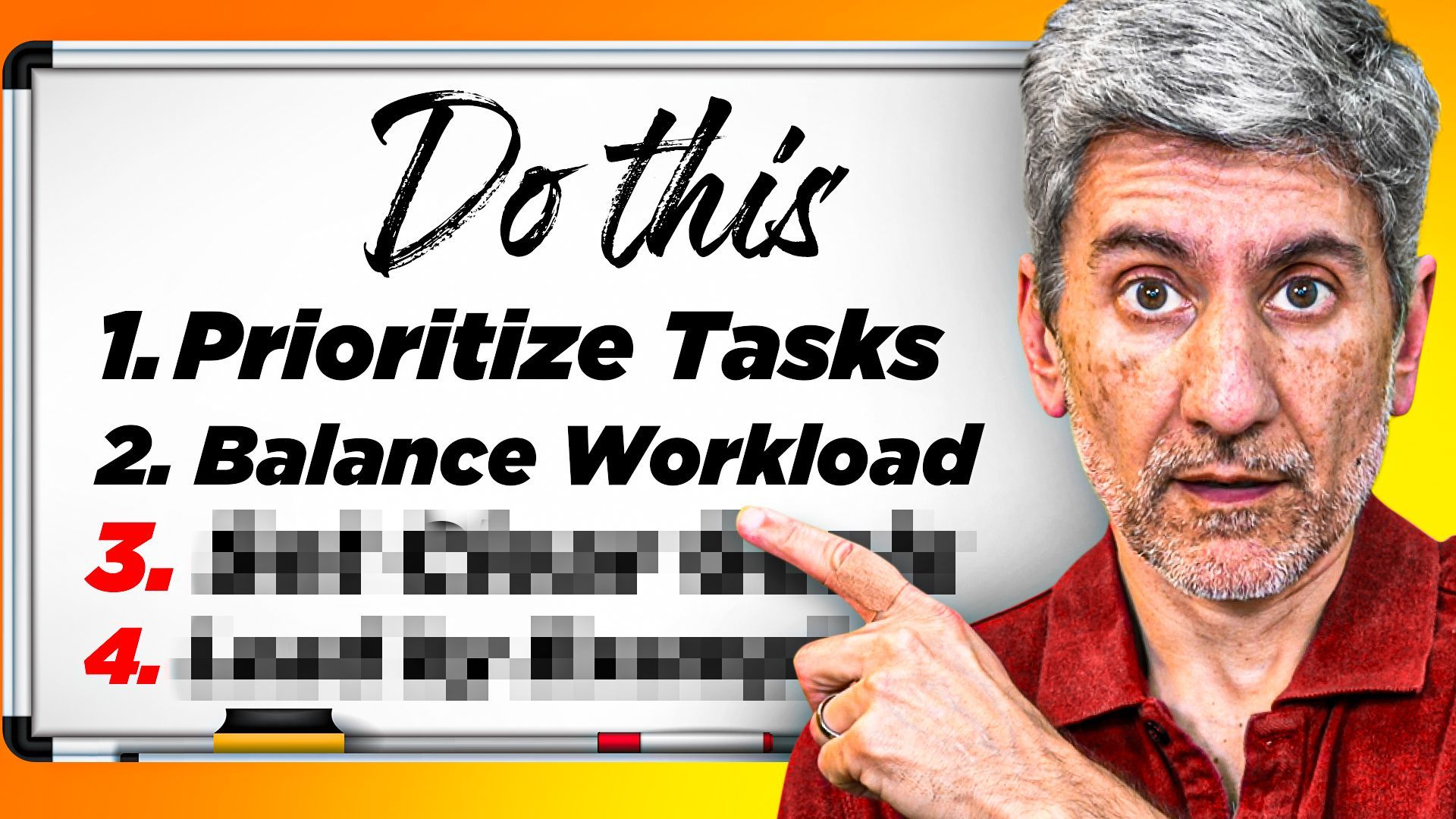 Man pointing to a whiteboard listing time management tips: prioritize tasks, balance workload, and 2 others (blurred).
