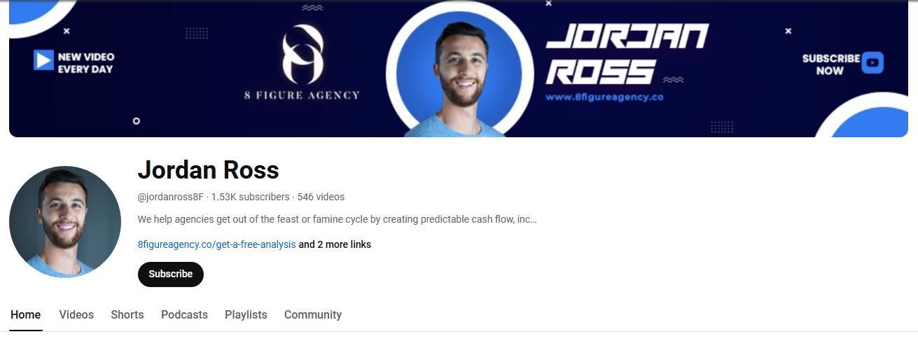 YouTube channel profile for Jordan Ross, features a man smiling. Banner is blue with logo and name.