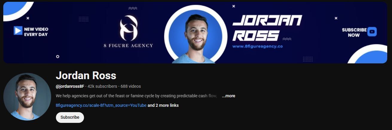 YouTube channel banner for Jordan Ross, featuring a headshot of a smiling man.