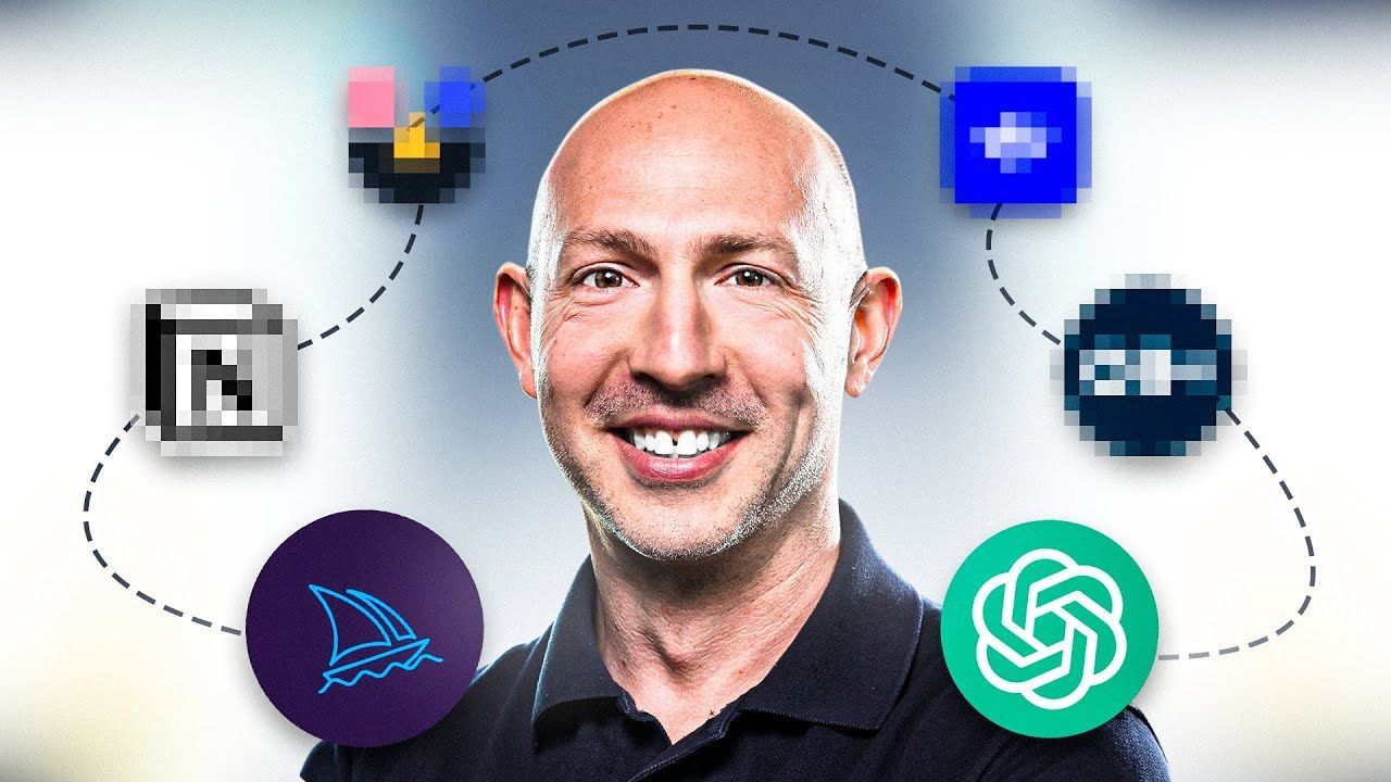 Bald man smiles, surrounded by app icons, suggesting a tech or software course.