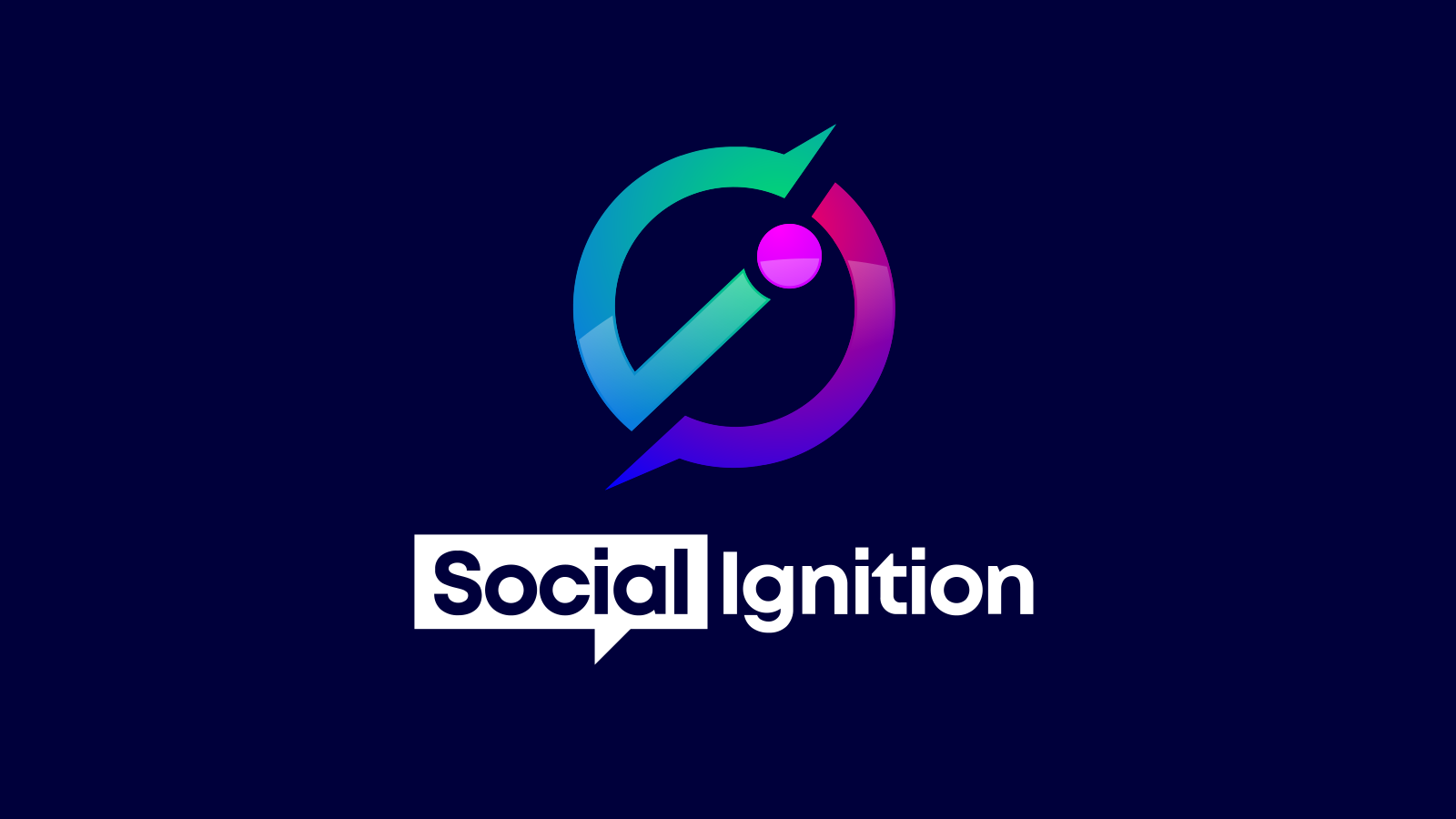 Logo for Social Ignition. Circular design with a checkmark, dot, and speech bubble gradient in blue, green, purple.