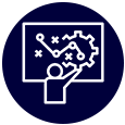 Person presenting a strategy on a board with a gear and lines in a dark blue circle.