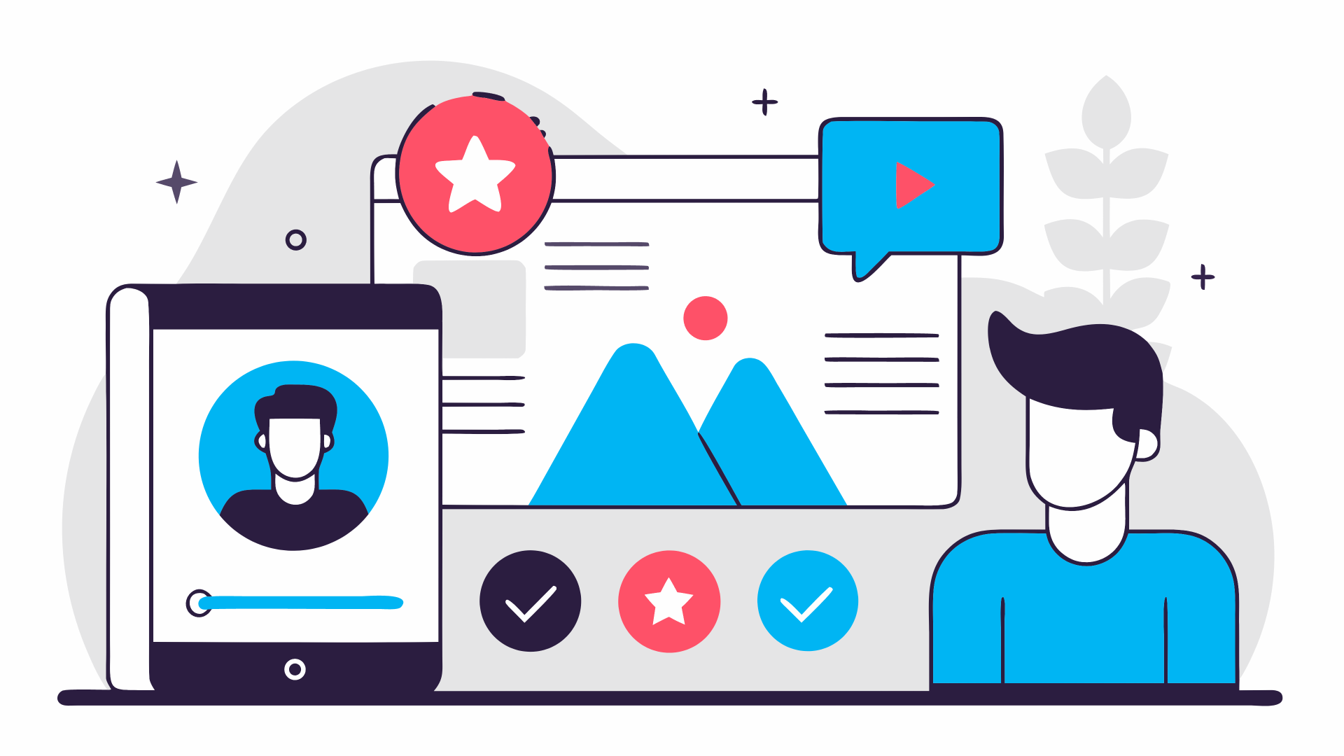 Person interacting with a tablet and a webpage, showcasing content with blue and red accents.