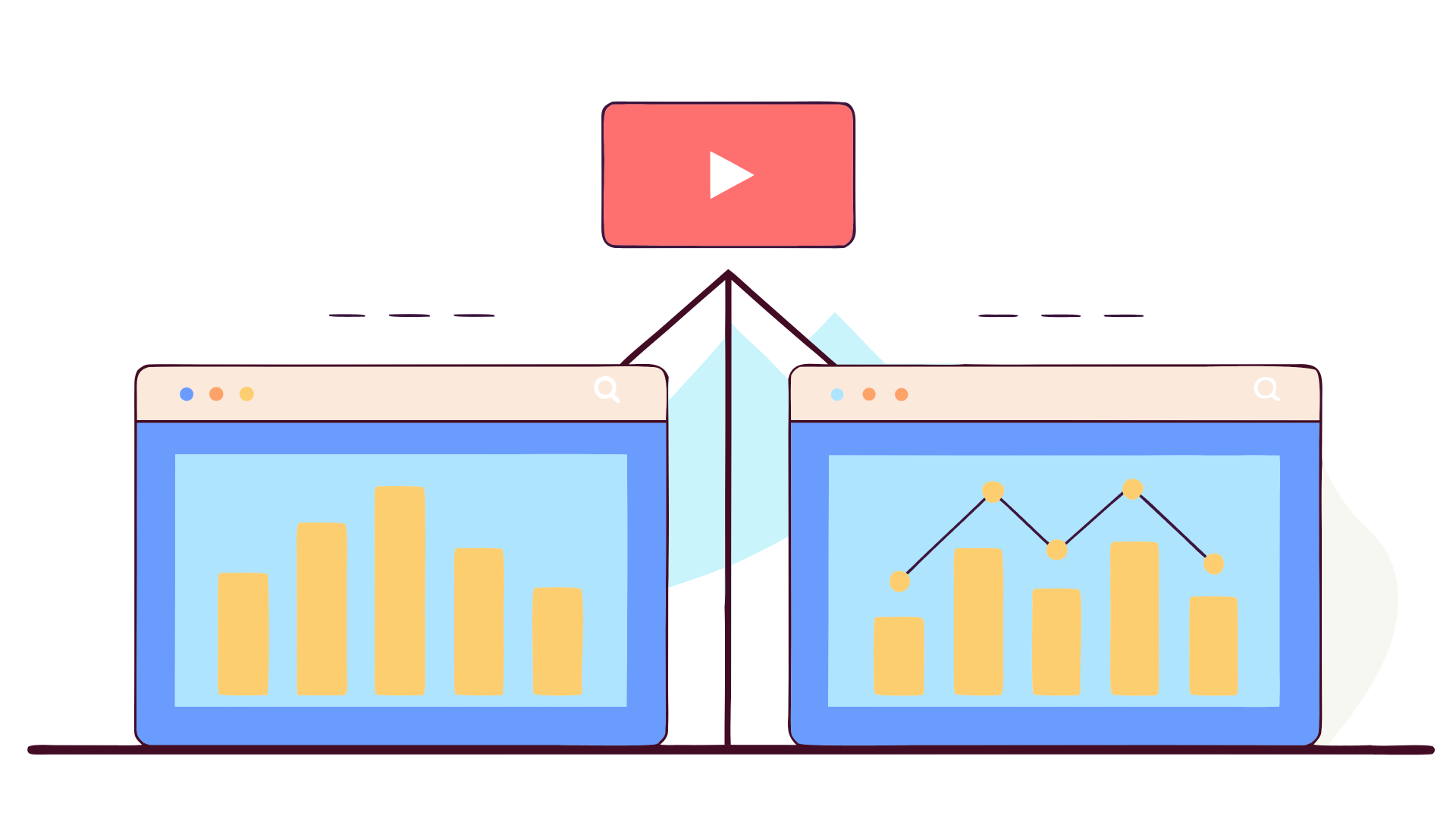 Illustration of a video connected to two computer screens displaying bar and line graphs.