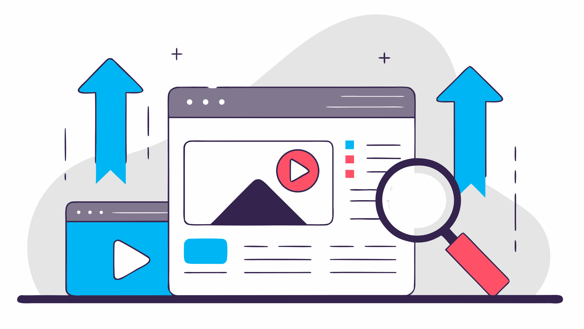 Website with video, magnifying glass, and arrows pointing up, symbolizing SEO and growth.