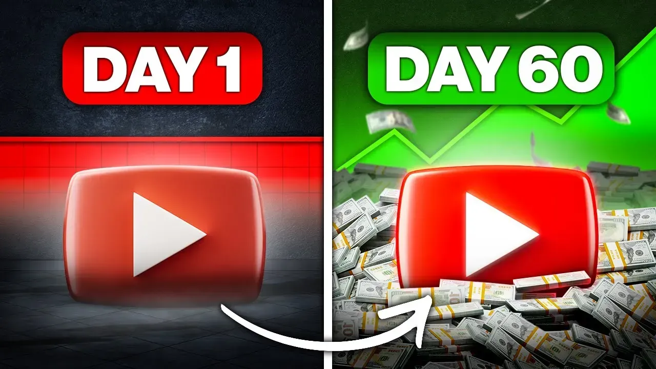 YouTube logo transformation. Day 1 shows a YouTube logo; Day 60 shows the logo surrounded by money with a growing graph.