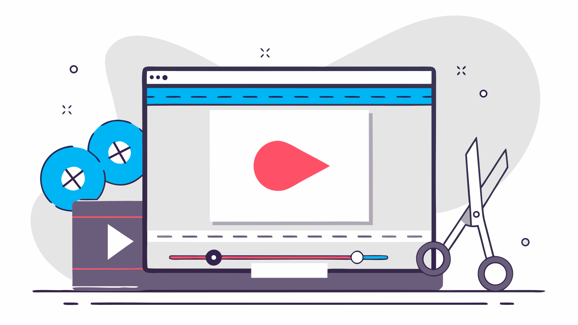 Laptop screen with video playback controls; scissors and film reels beside.