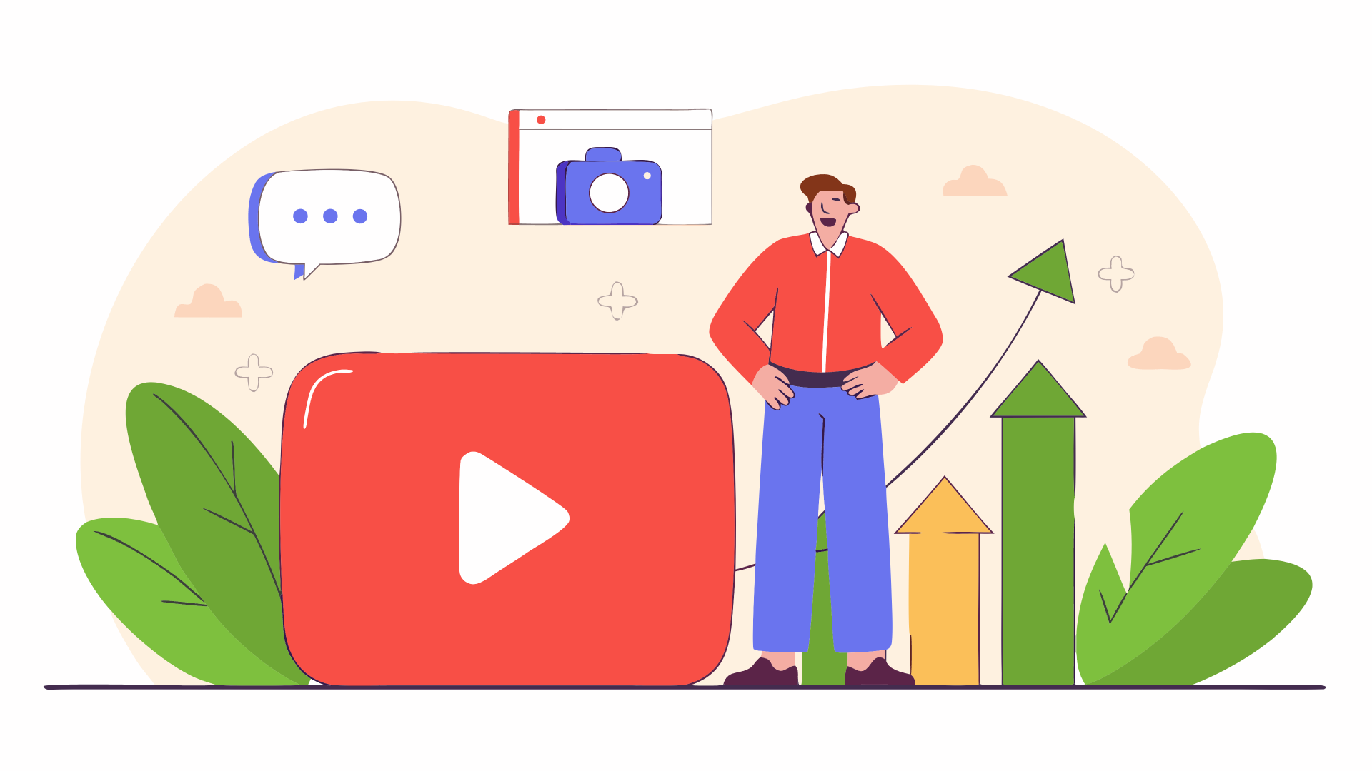 Man standing by a large YouTube logo, with upward-trending growth arrows.