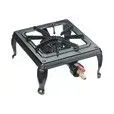 A black, square, portable outdoor gas camping stove with a cast iron burner and four sturdy legs.