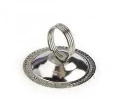 A polished silver metal table card holder with a flat, circular base and an upright wire coil clip.