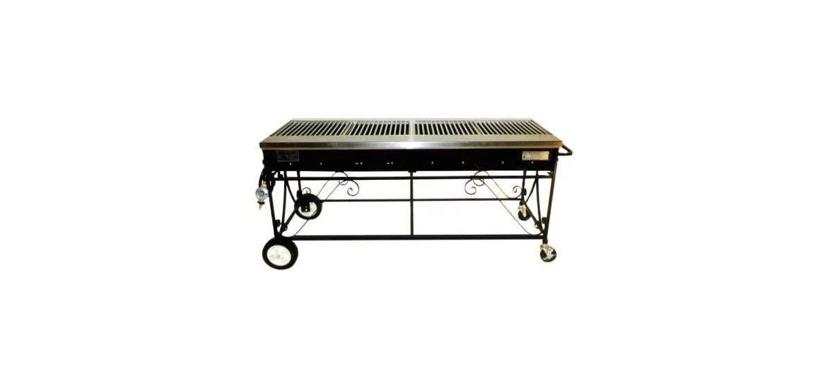 A large, rectangular, black charcoal grill on wheels with a stainless steel grate, isolated against a white background.