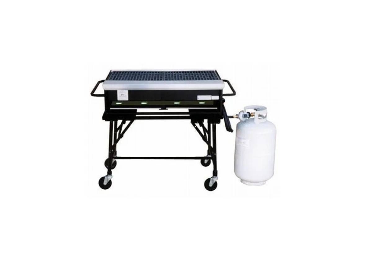 A black portable commercial gas grill on wheeled legs with a connected white propane tank against a white background.