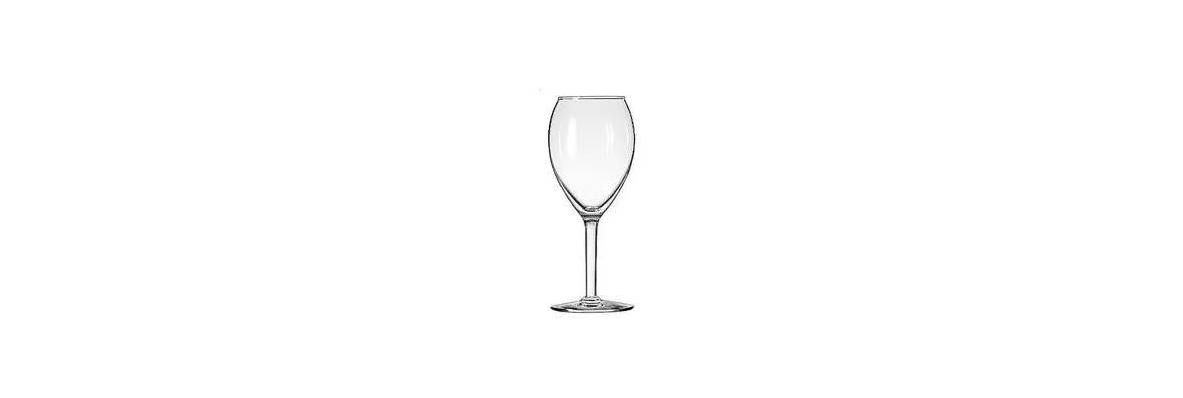 A clear glass wine goblet with a thin stem and circular base centered against a plain white background.