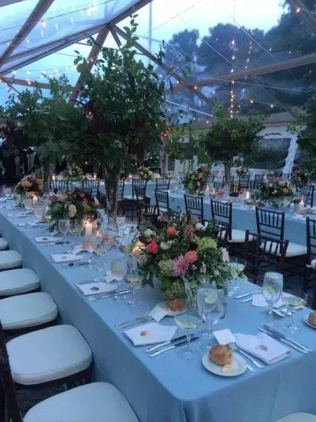 Long tables with light blue cloths and floral centerpieces set for an outdoor event under a large clear-roofed tent.