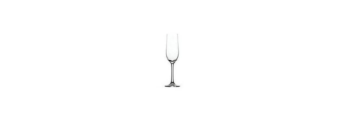 An empty clear champagne flute glass stands centered against a white background.