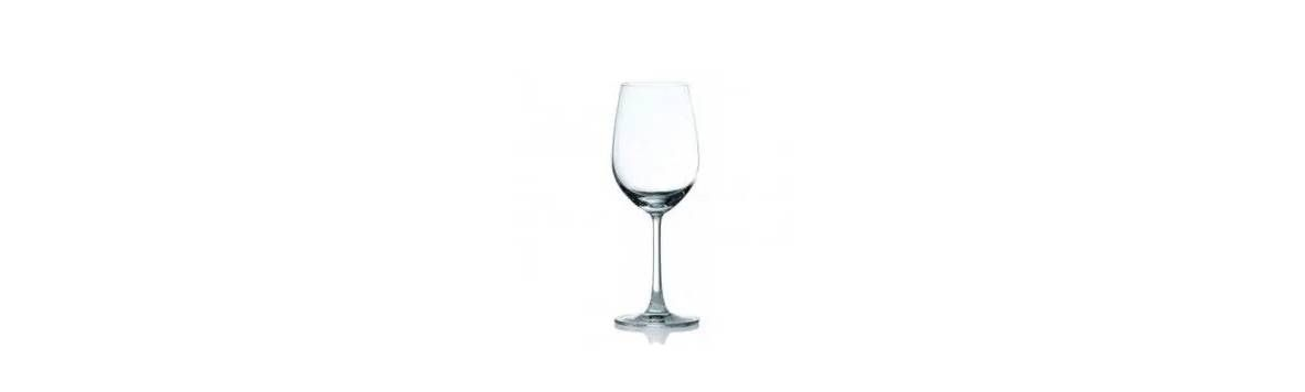 A clear glass wine goblet with a tall, slender stem, isolated against a solid white background.