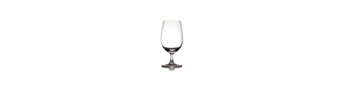 A clear glass stemware goblet on a white background.