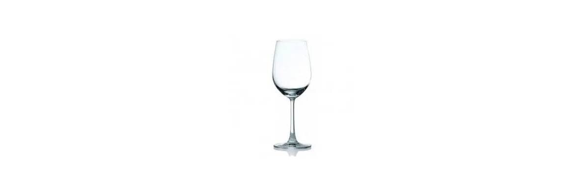 An empty clear glass wine glass with a long, thin stem against a white background.