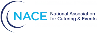 Logo for the National Association for Catering & Events (NACE), featuring stylized dark blue curves and light blue text.