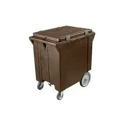 A brown, rectangular mobile utility cart with a hinged lid, mounted on four wheels.