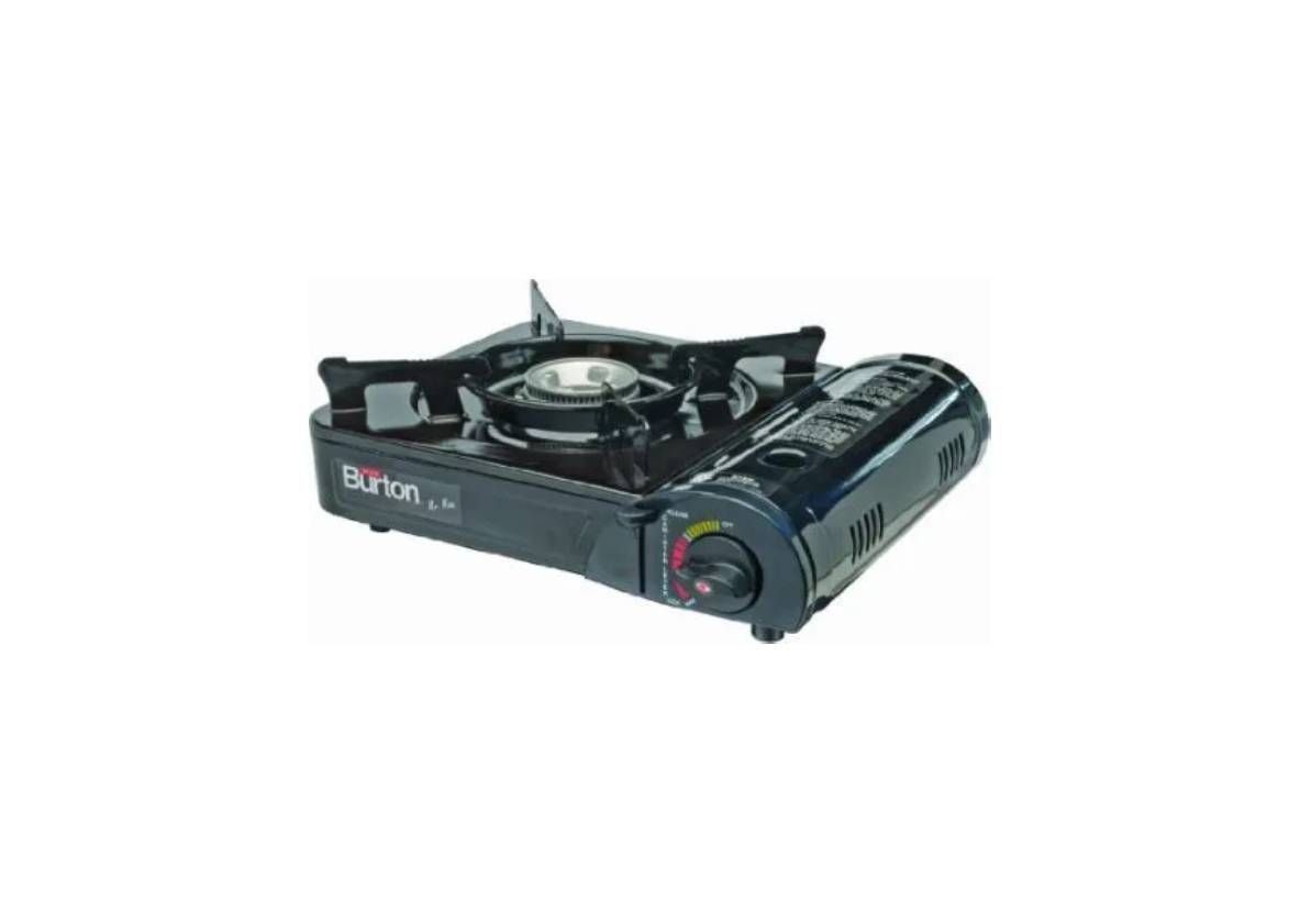 A black portable butane camping stove with a single burner and integrated fuel compartment.