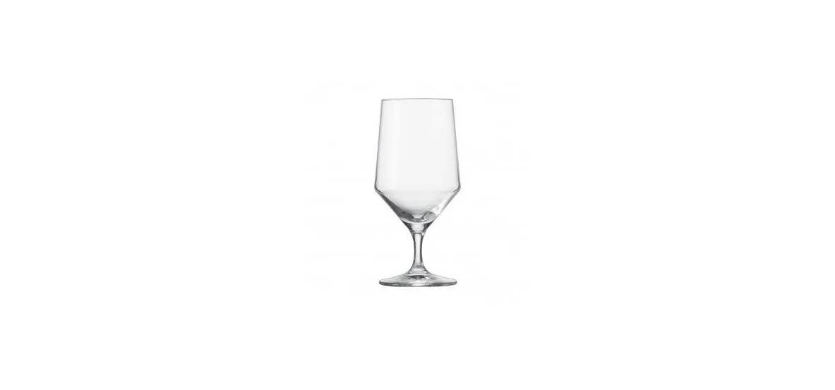 A clear, stemmed water goblet glass centered on a white background.