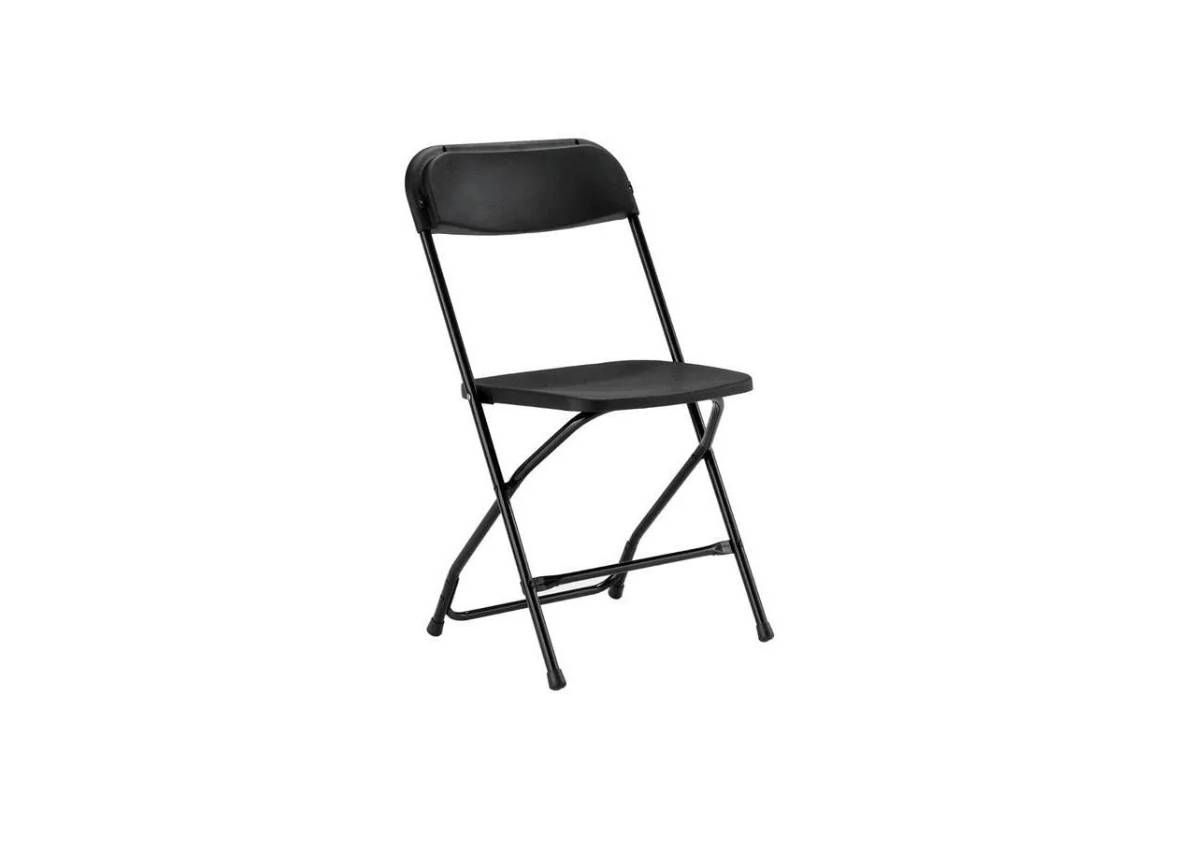 A black, foldable metal chair set against a white background.