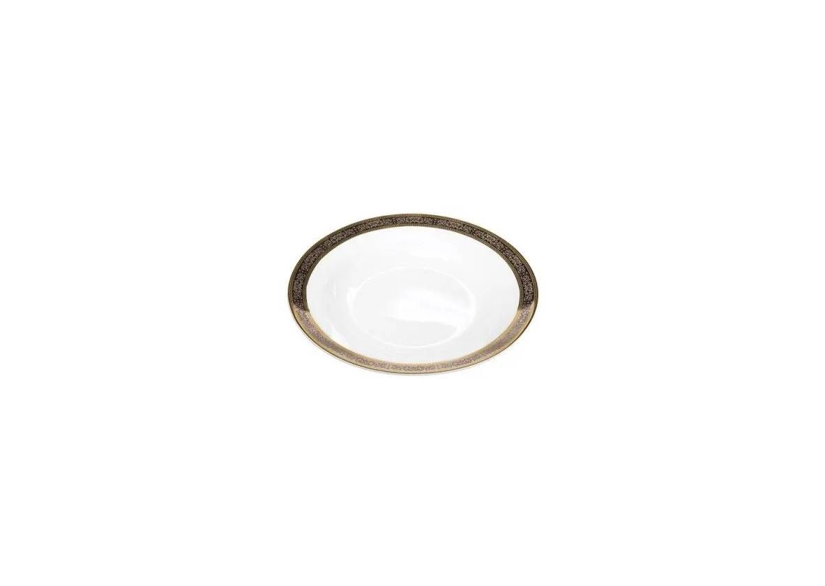 A shallow, white bowl with a decorative, textured metallic brown rim, isolated against a white background.