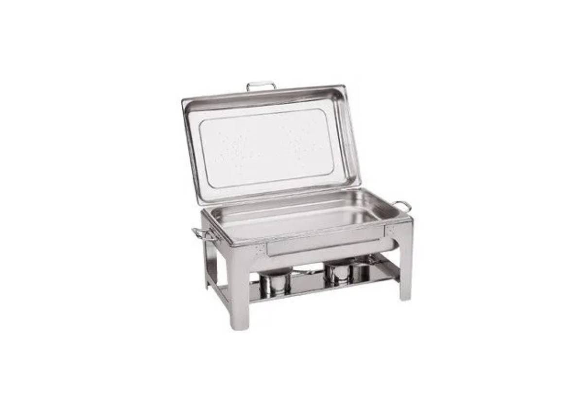A stainless steel rectangular chafing dish with an open lid, standing on a frame with two fuel holders.