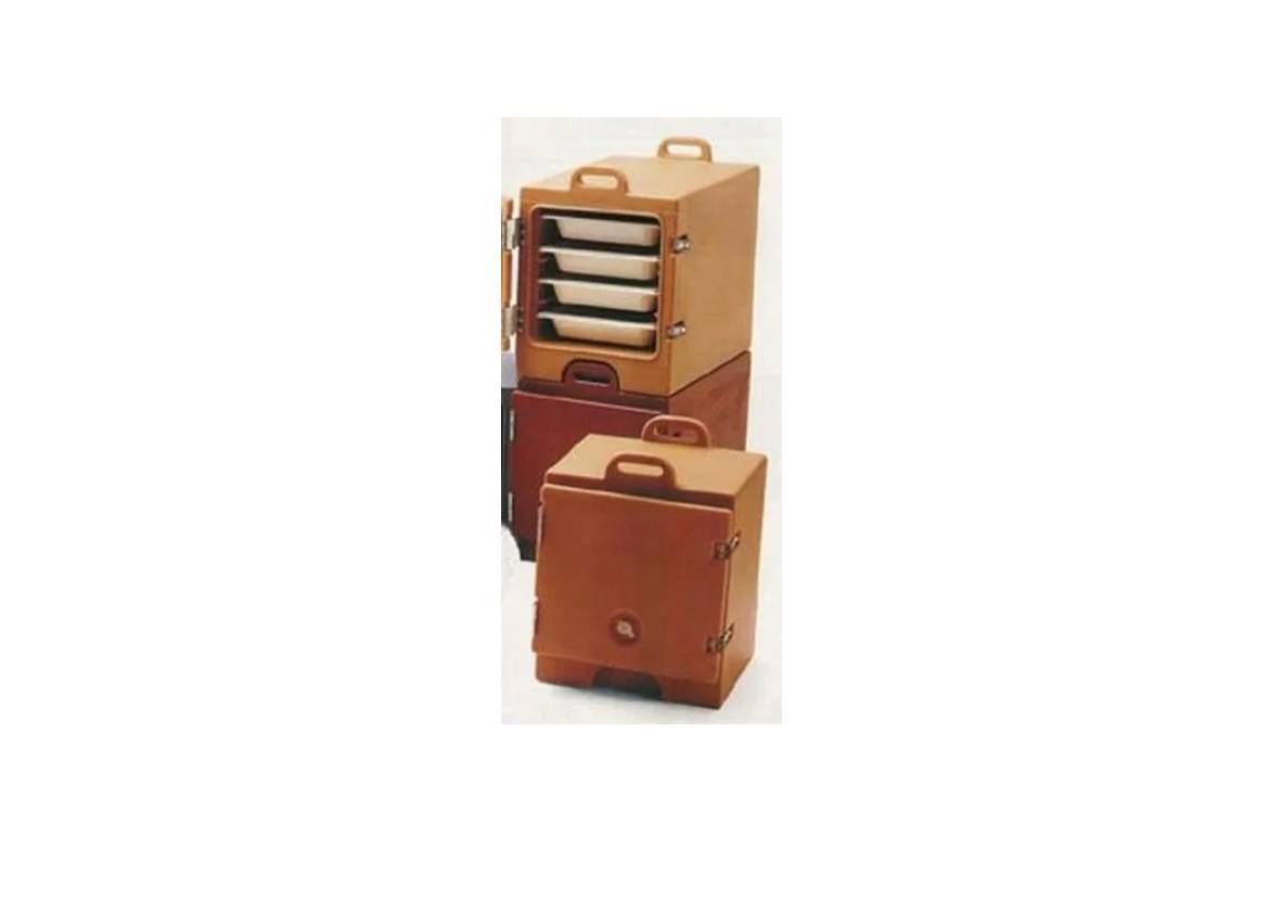 Two stacked brown insulated food carriers, one with the door open revealing four stacked white food pans inside.