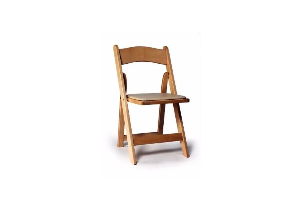 Wooden folding chair with a brown seat on a white background