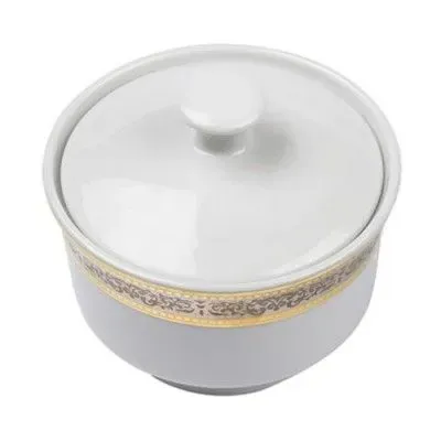 A white ceramic sugar bowl with a matching lid, decorated with a gold and silver floral patterned rim.