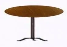 A round, brown wooden dining table with a black metal central pedestal base on a white background.
