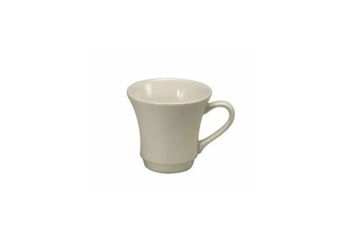 A light gray ceramic mug with a flared rim and a curved handle, centered against a white background.