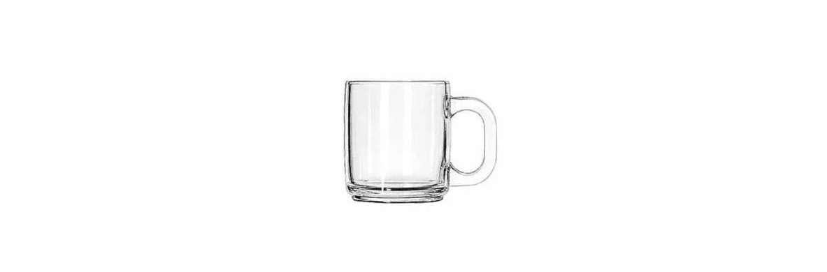 A clear glass mug with a handle centered against a white background.