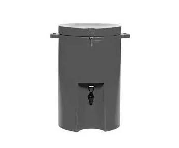 A grey, cylindrical water dispenser with a lid, carrying handles, and a black spigot on the front.