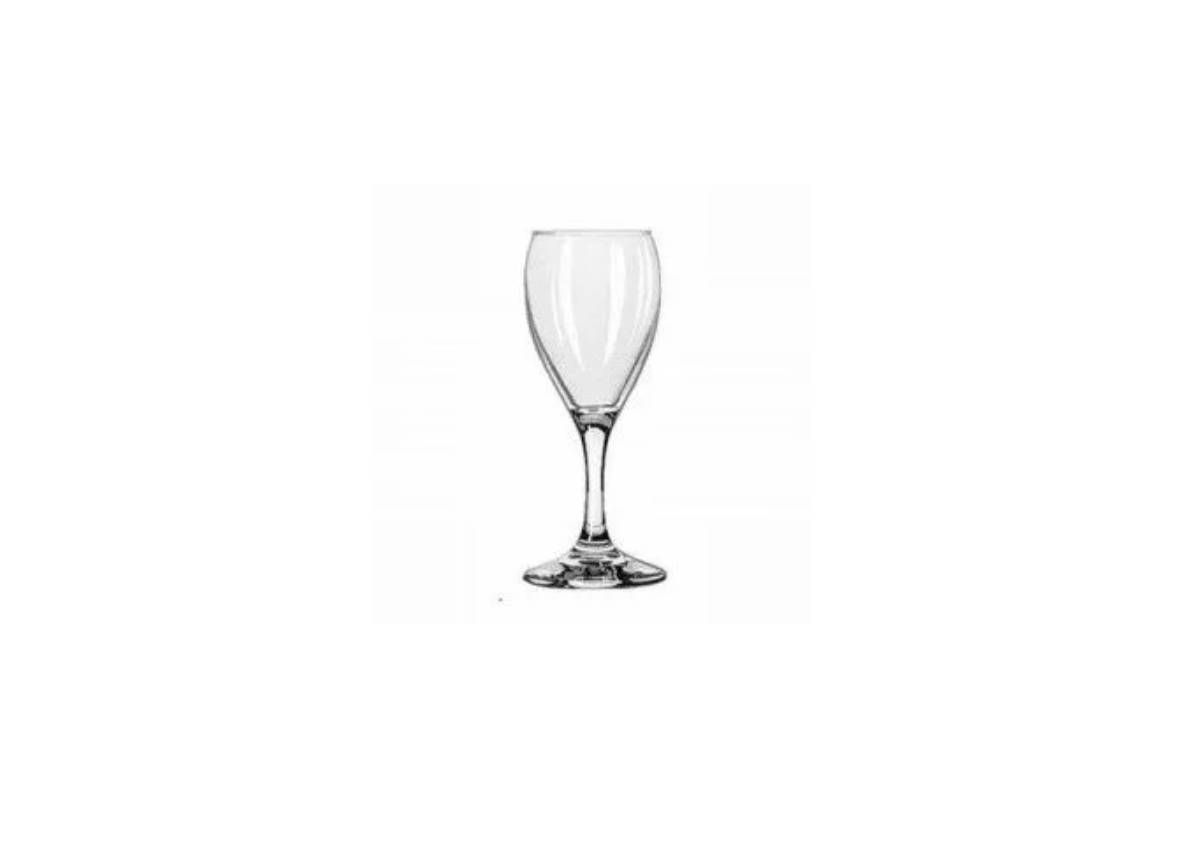 A clear, empty wine glass with a rounded bowl and a thin stem, isolated against a white background.