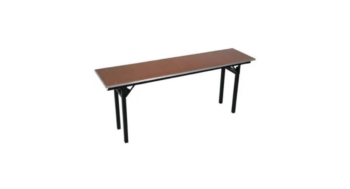 A rectangular, brown, folding utility table with black metal legs set against a plain white background.