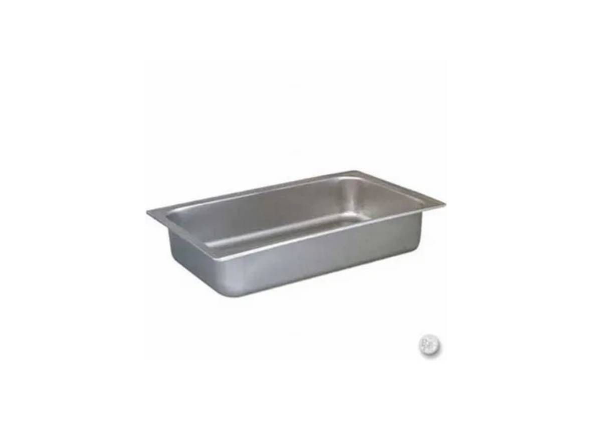 A rectangular stainless steel food service hotel pan shown from a high-angle perspective.