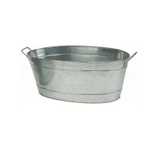 An oval-shaped, silver-colored metal wash tub with two side handles against a white background.