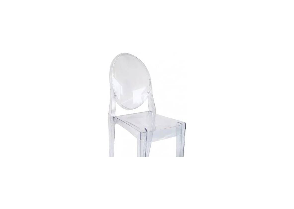 A modern, transparent, ghost-style chair with a rounded backrest and four legs against a white background.