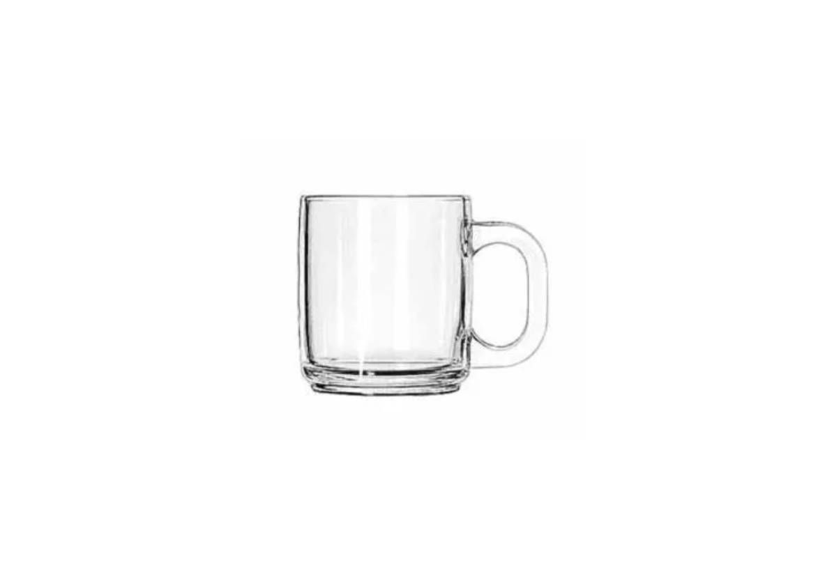A clear, cylindrical glass mug with a side handle against a white background.
