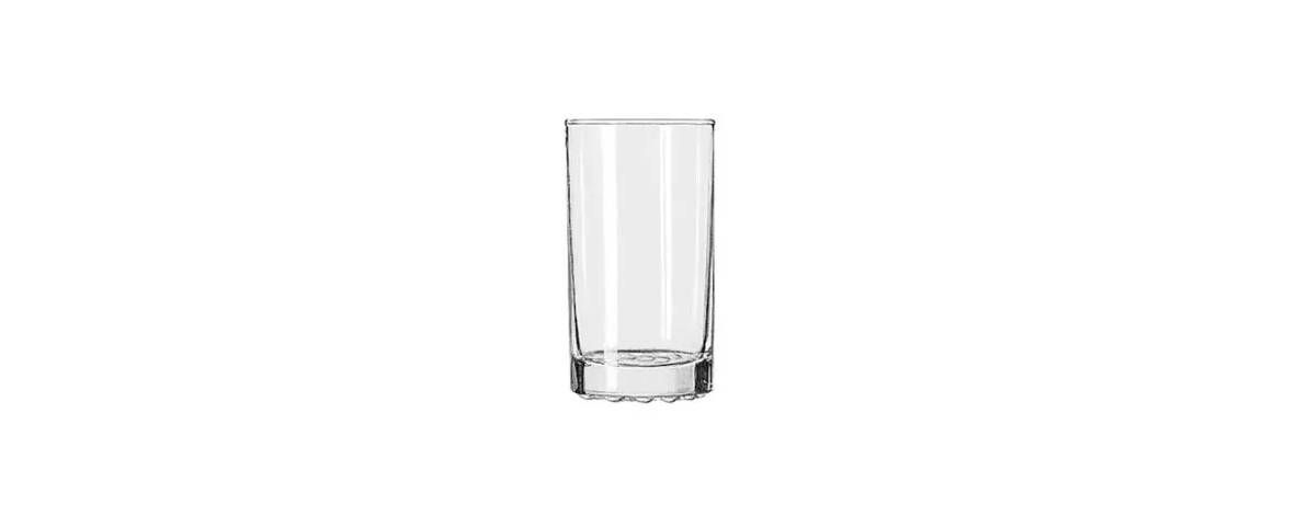 A clear, cylindrical glass tumbler standing on a white background.