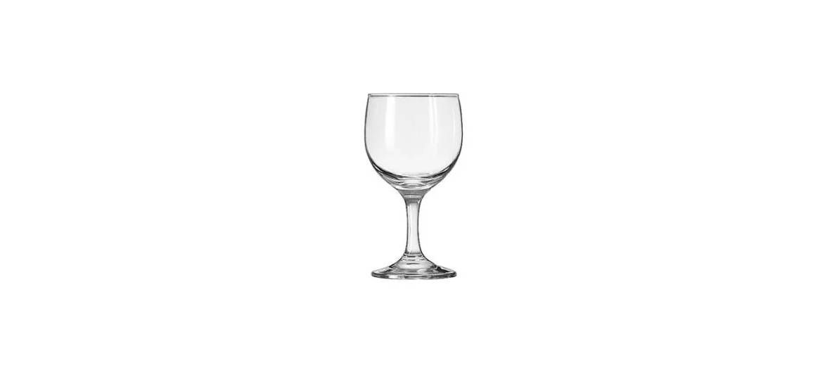 A clear glass wine goblet with a stem and rounded bowl, isolated against a white background.