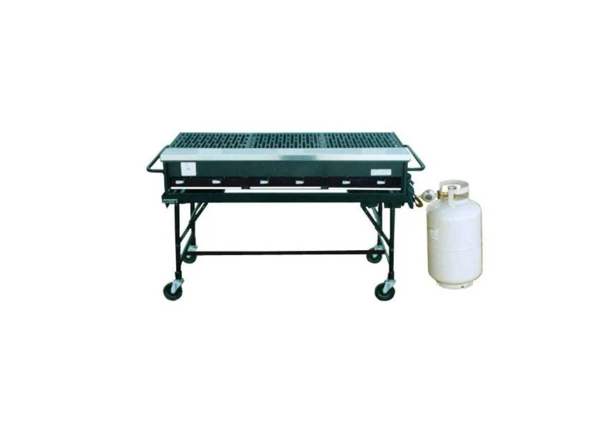 A rectangular black propane grill on wheels with a white fuel tank attached on the right side.