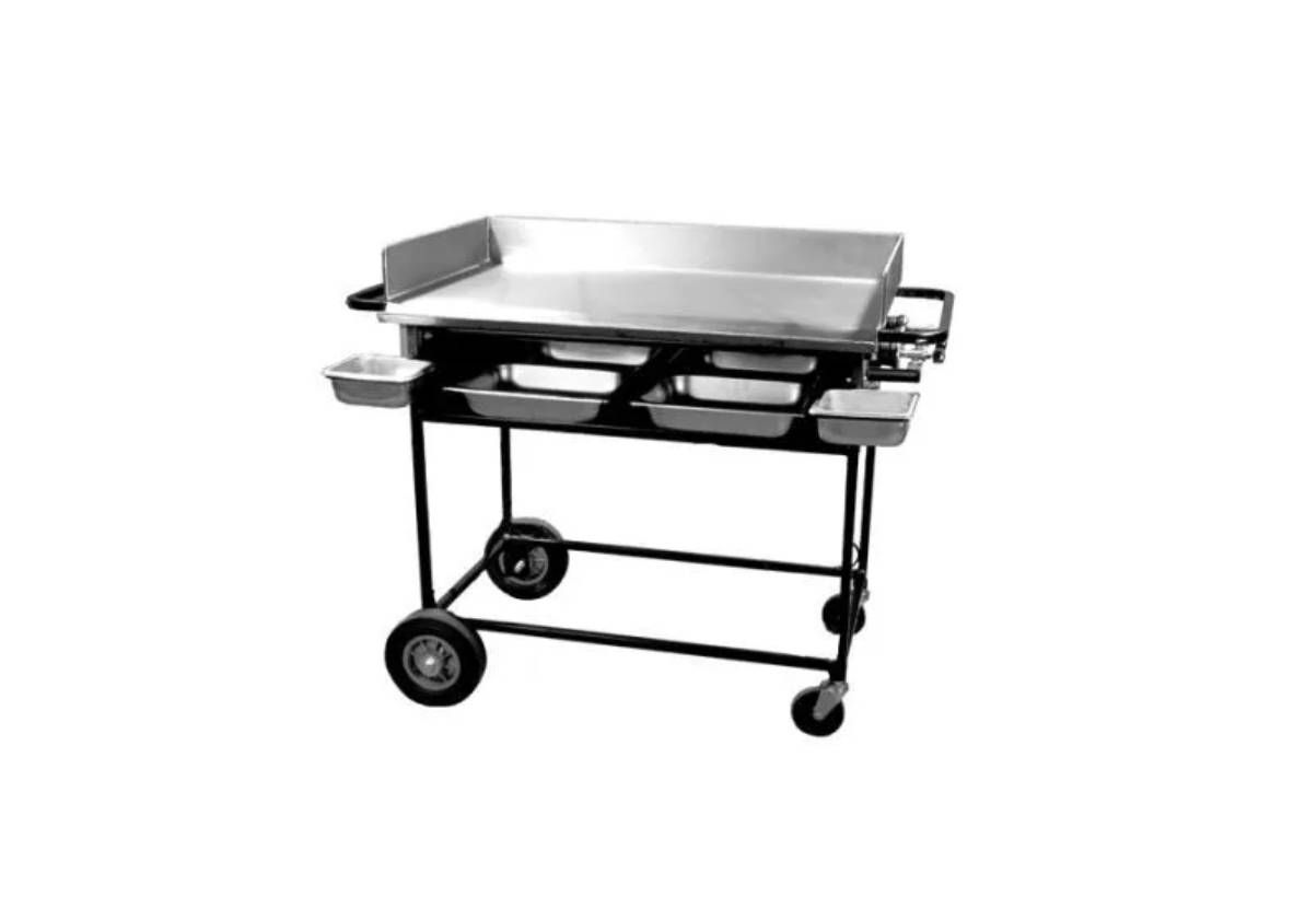 A professional portable outdoor griddle with a metal cooking surface, prep trays, and a wheeled black steel cart.